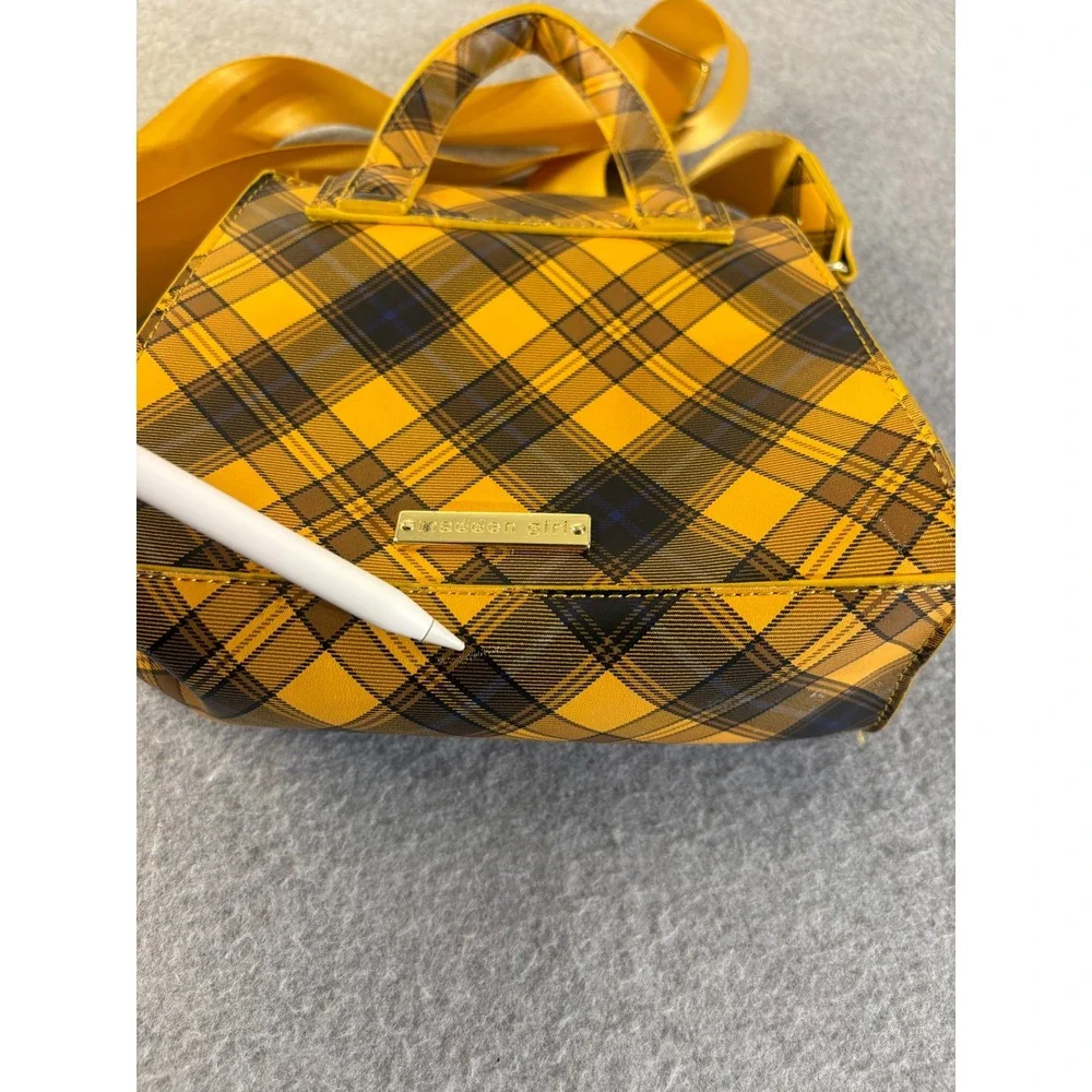 Yellow Plaid Crossbody Satchel Bag Gold Hardware Adjustable Strap Top Handle - Picture 11 of 16